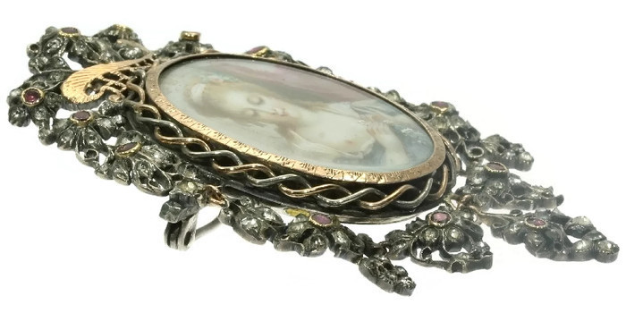 Romantic brooch pendant with painted miniature on ivory and paste stones (image 7 of 9)